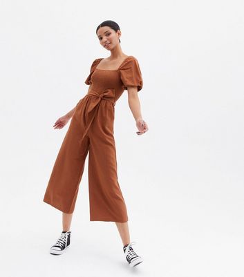 Rust Linen-Look Puff Sleeve Belted Jumpsuit | New Look