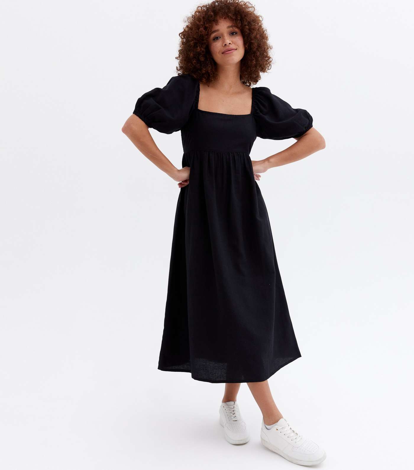 Black Linen-Look Puff Sleeve Midi Dress