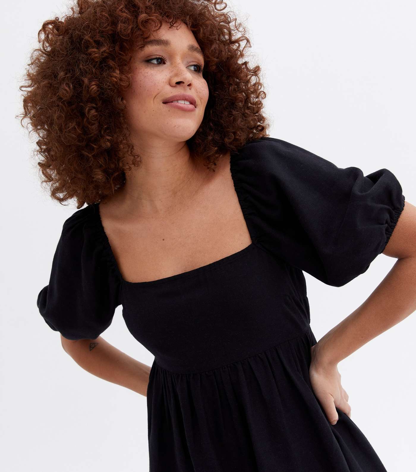 Black Linen-Look Puff Sleeve Midi Dress Image 3