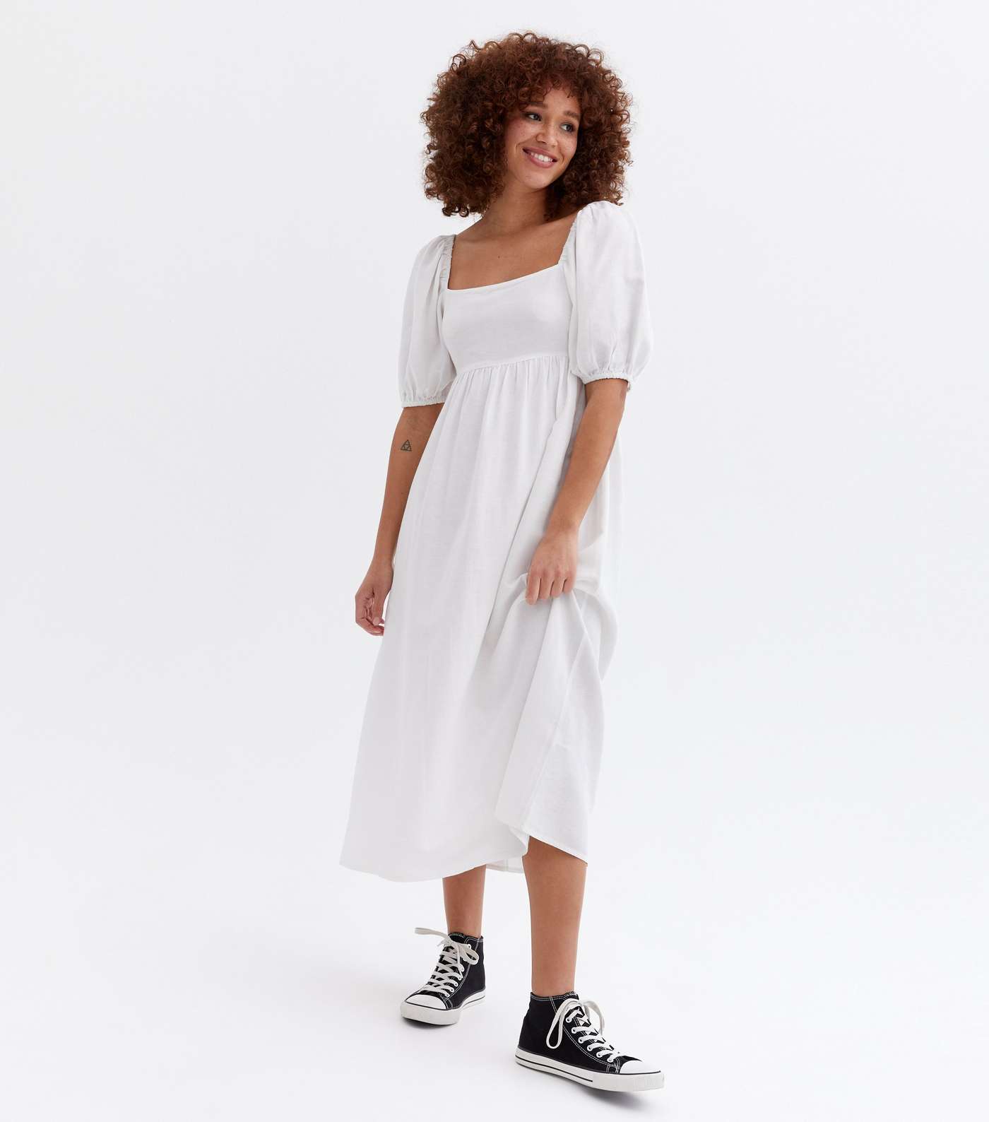 White Linen-Look Puff Sleeve Midi Dress