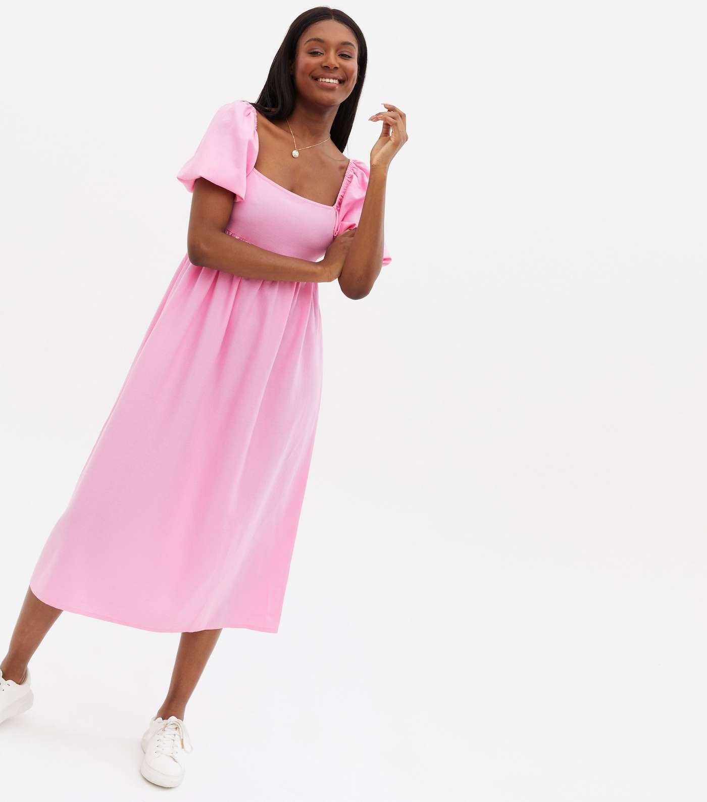 Mid Pink Linen-Look Puff Sleeve Midi Dress