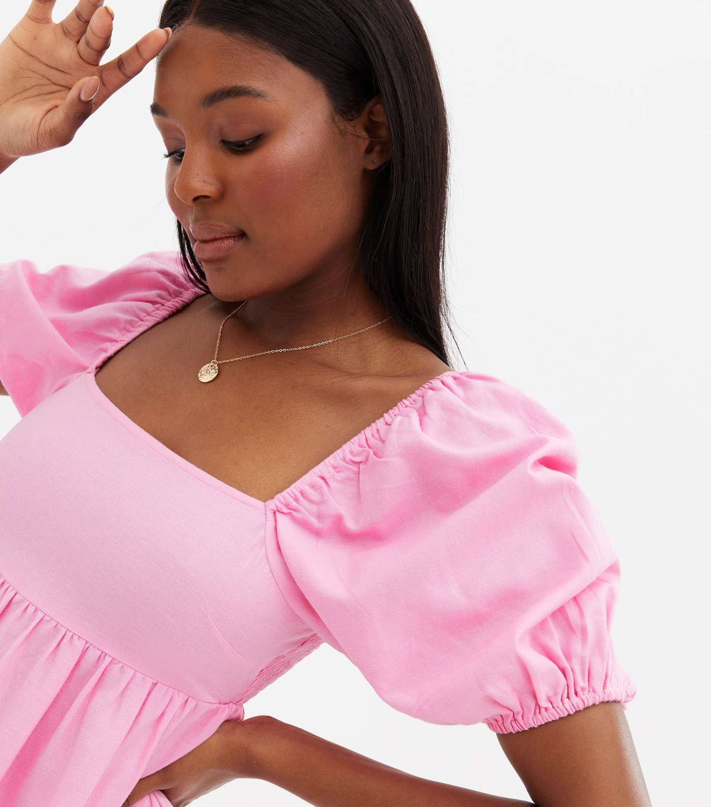 Mid Pink Linen-Look Puff Sleeve Midi Dress Image 3