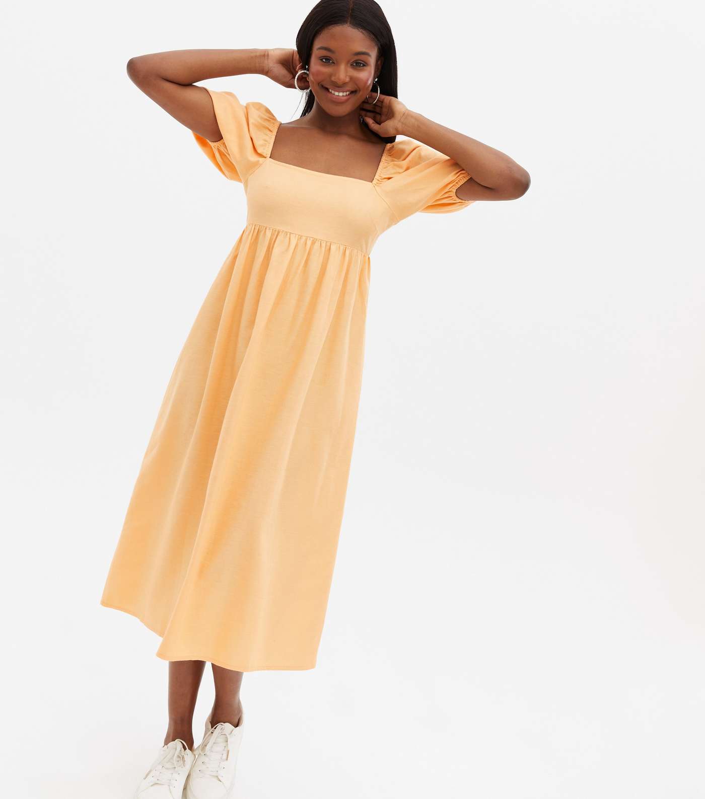 Bright Orange Linen-Look Puff Sleeve Midi Dress Image 2