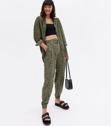 Khaki Animal Print Tie Waist Joggers 