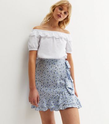 Blue Ditsy Floral Frill Mini Wrap Skirt New Look