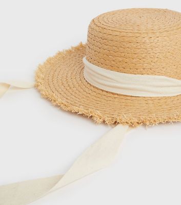 Tan Woven Straw Effect Tie Boater Hat 
