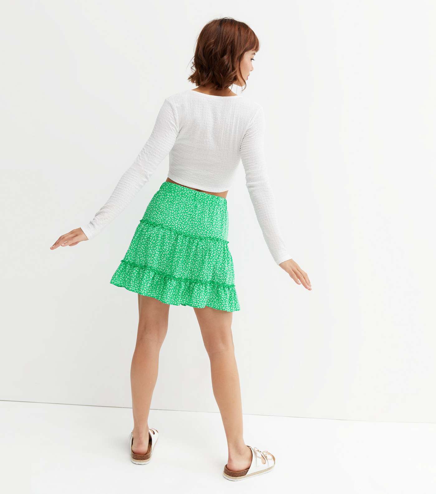 Green Ditsy Floral Ruffle Tiered Mini Skirt Image 4