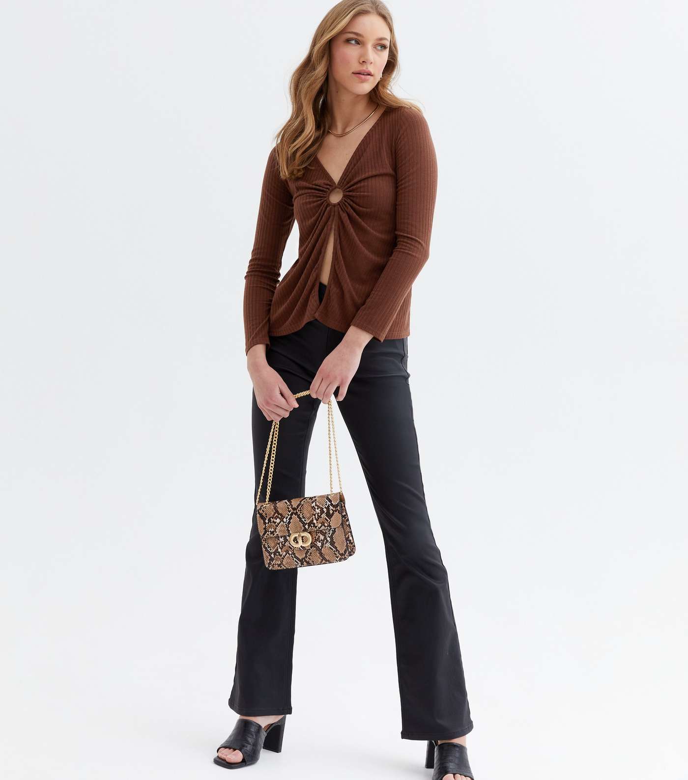 Brown Ribbed Ring Split Front Long Sleeve Top Image 2