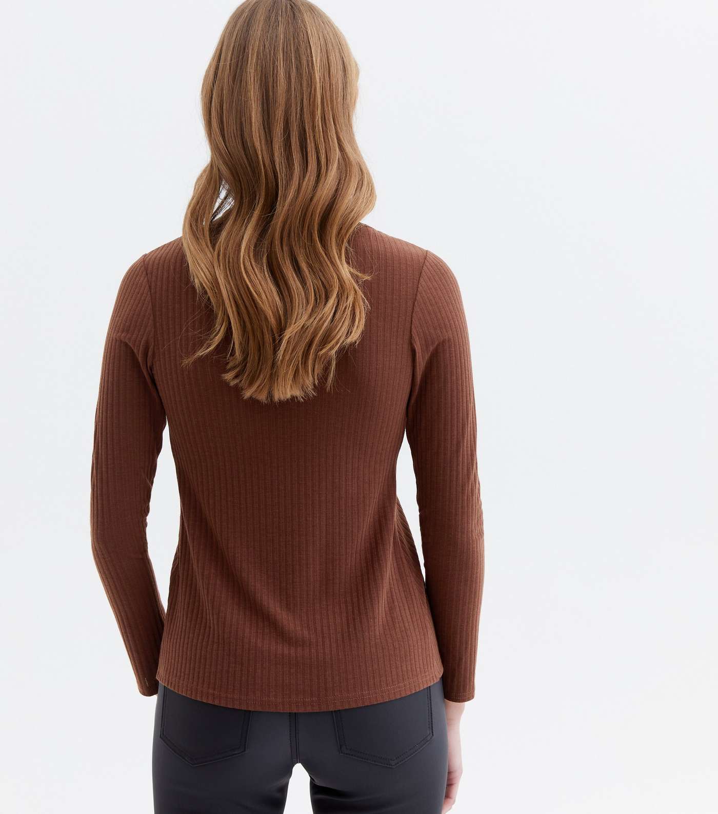 Brown Ribbed Ring Split Front Long Sleeve Top Image 4