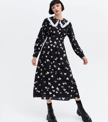 Black Heart Frill Collar Midi Dress New Look