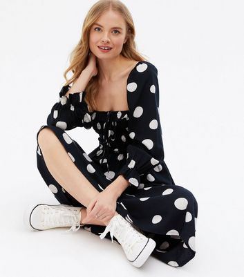 Black Spot Shirred Frill Square Neck Midi Dress