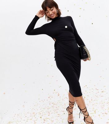 Black Ribbed Long Sleeve Cut Out Midi Dress