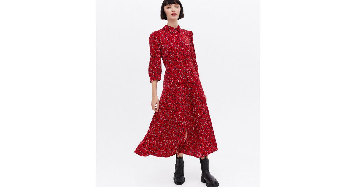 Red Ditsy Floral Midi Shirt Dress New Look