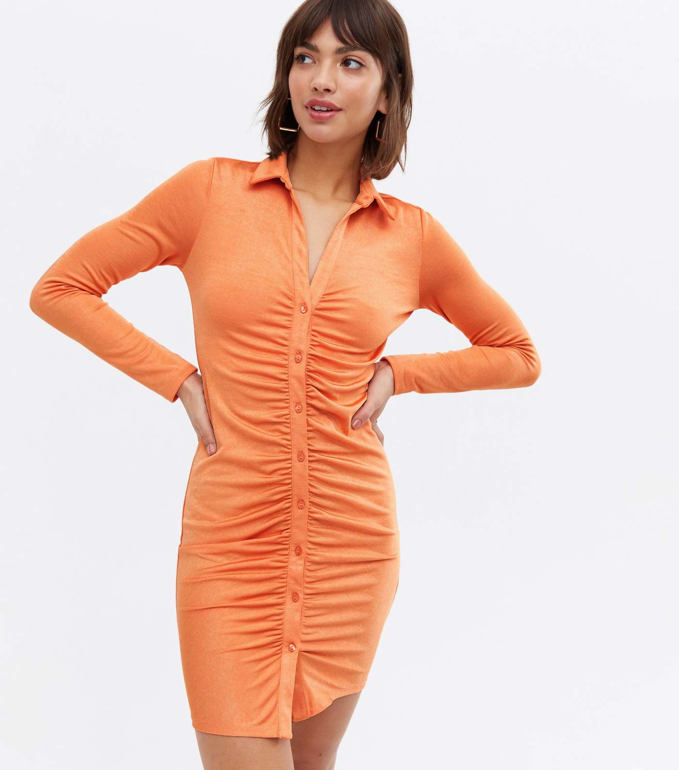 Orange Ruched Collared Mini Dress