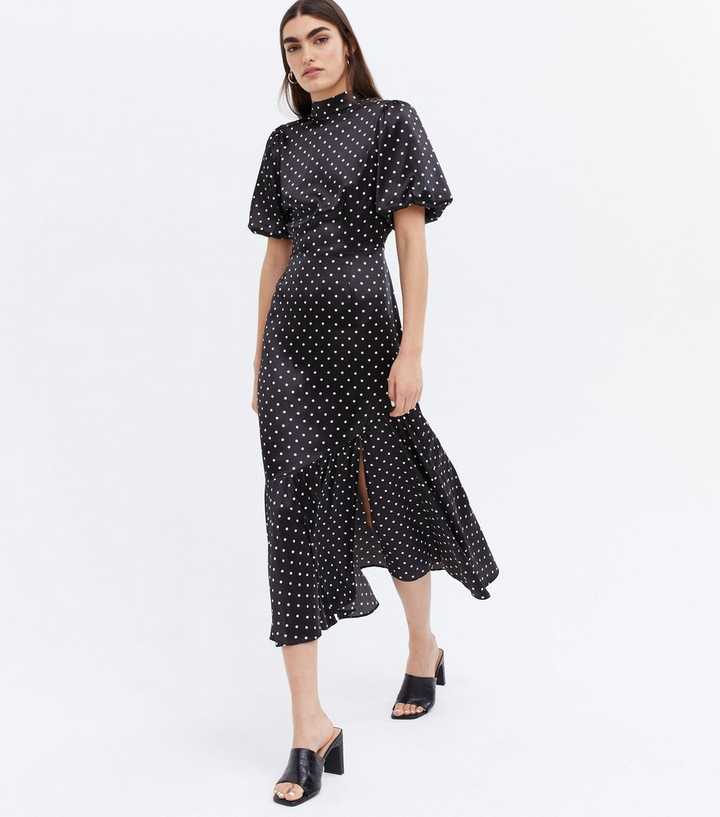 Black Spot Satin High Neck Open Back Midi Dress
