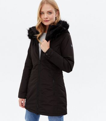 black waterproof coat with fur hood