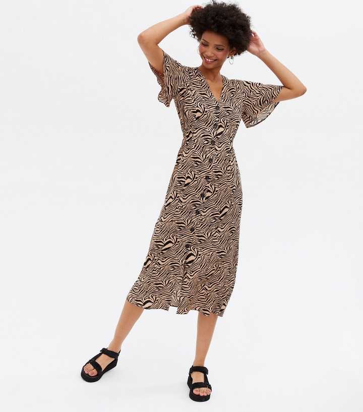 leopard stripe button front midi dress