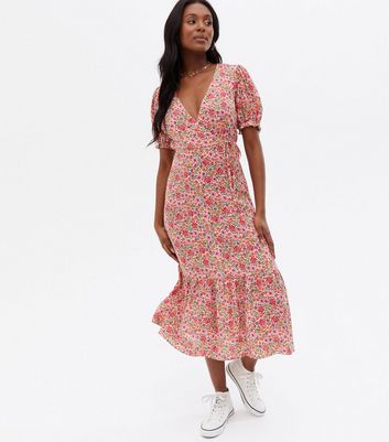 Pink Ditsy Floral Tiered Midi Wrap Dress New Look