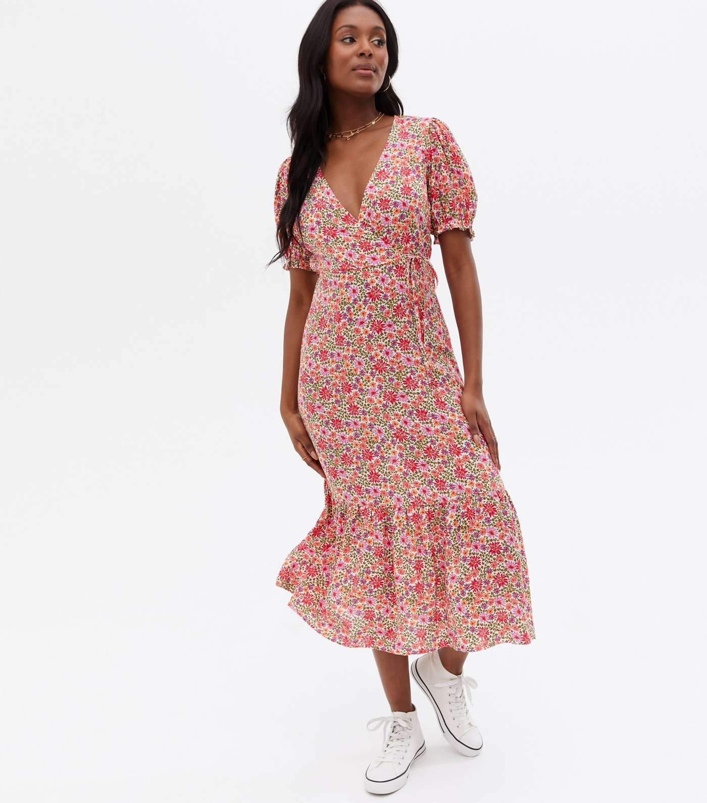 Pink Ditsy Floral Tiered Midi Wrap Dress