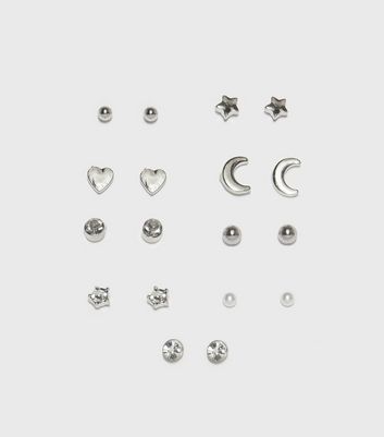 9 Pack Silver Diamante Mixed Stud Earrings New Look