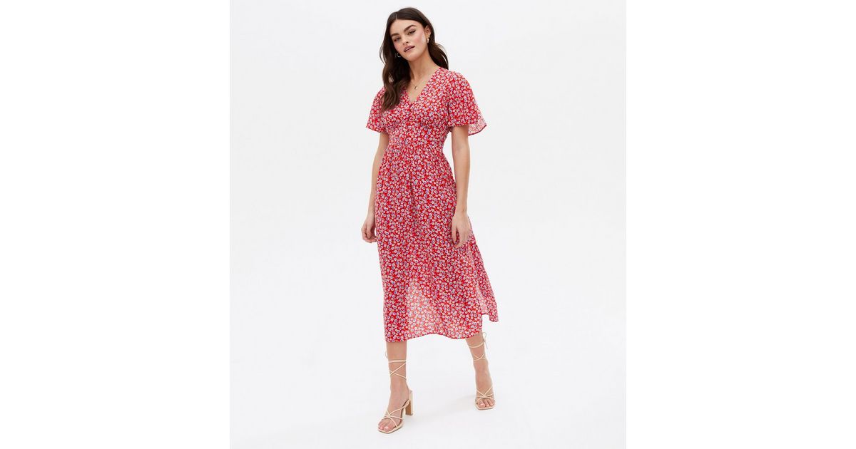 Red Ditsy Floral Button Front Flutter Sleeve Midi Dress | New Look