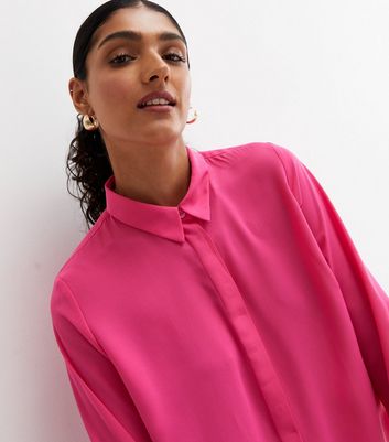 Bright Pink Long Collared Button Up Shirt | New Look