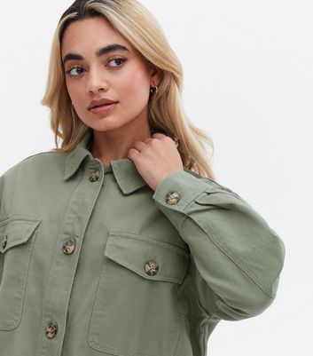 Petite Khaki Double Pocket Long Shacket 