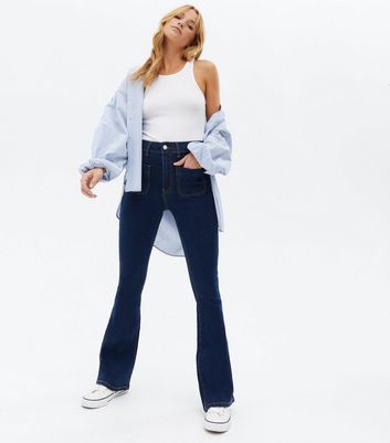 Blue Patch Pocket High Waist Flared 