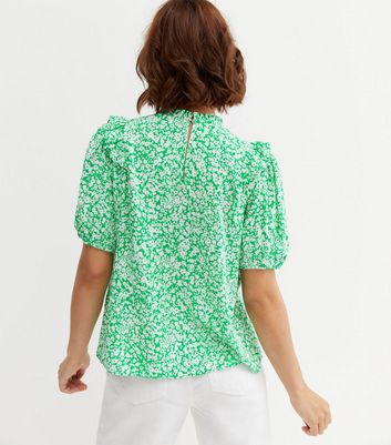 Green Ditsy Floral Frill High Neck Blouse New Look