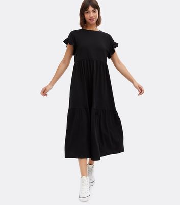 Black Frill Sleeve Tiered Midi Smock 