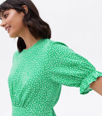 Green Ditsy Floral Frill Peplum Blouse New Look