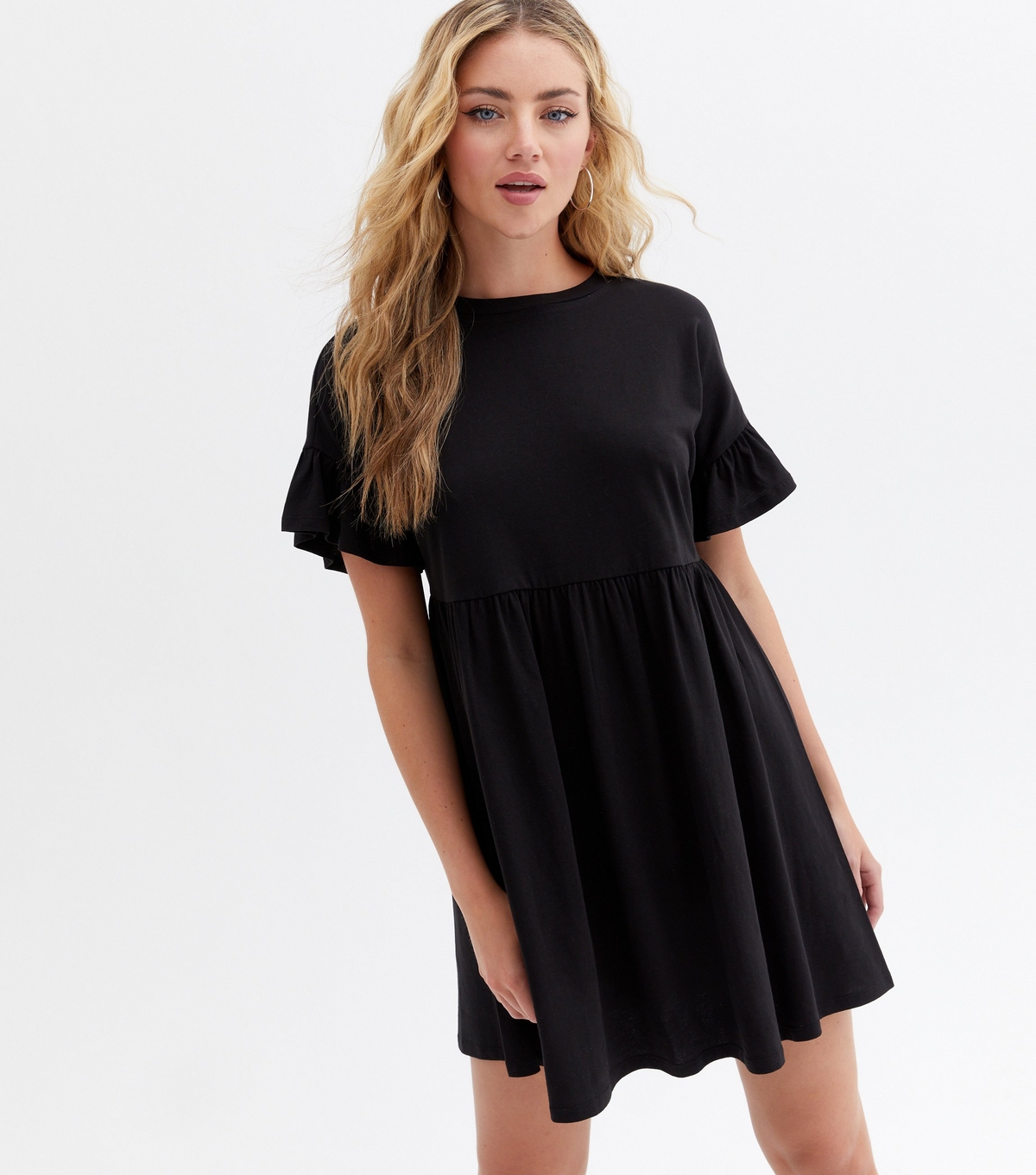 Women's Black Jersey Frill Mini Smock Dress New Look