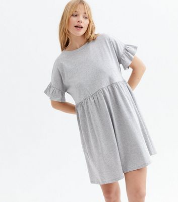 Pale Grey Jersey Frill Mini Smock Dress New Look