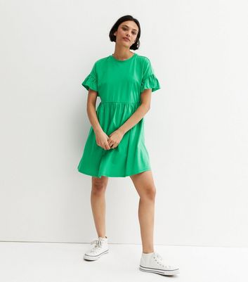 Green Jersey Frill Mini Smock Dress New Look