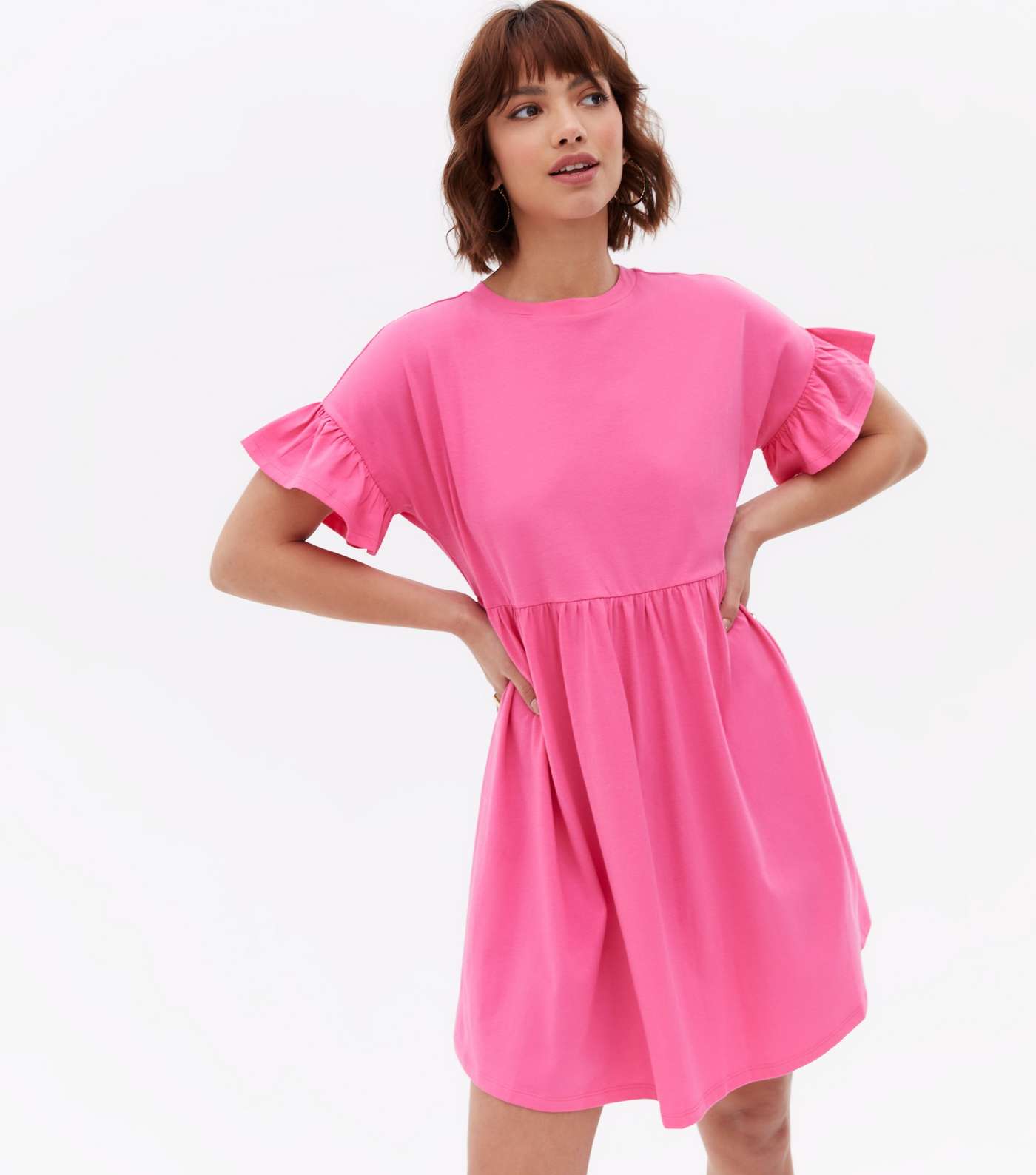 Bright Pink Jersey Frill Mini Smock Dress