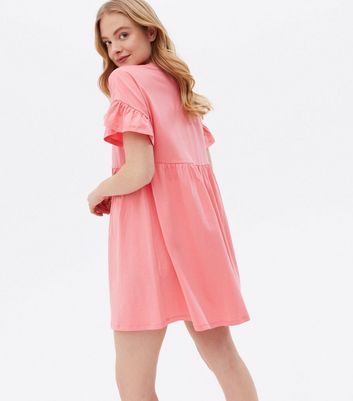 Coral Jersey Frill Mini Smock Dress New Look