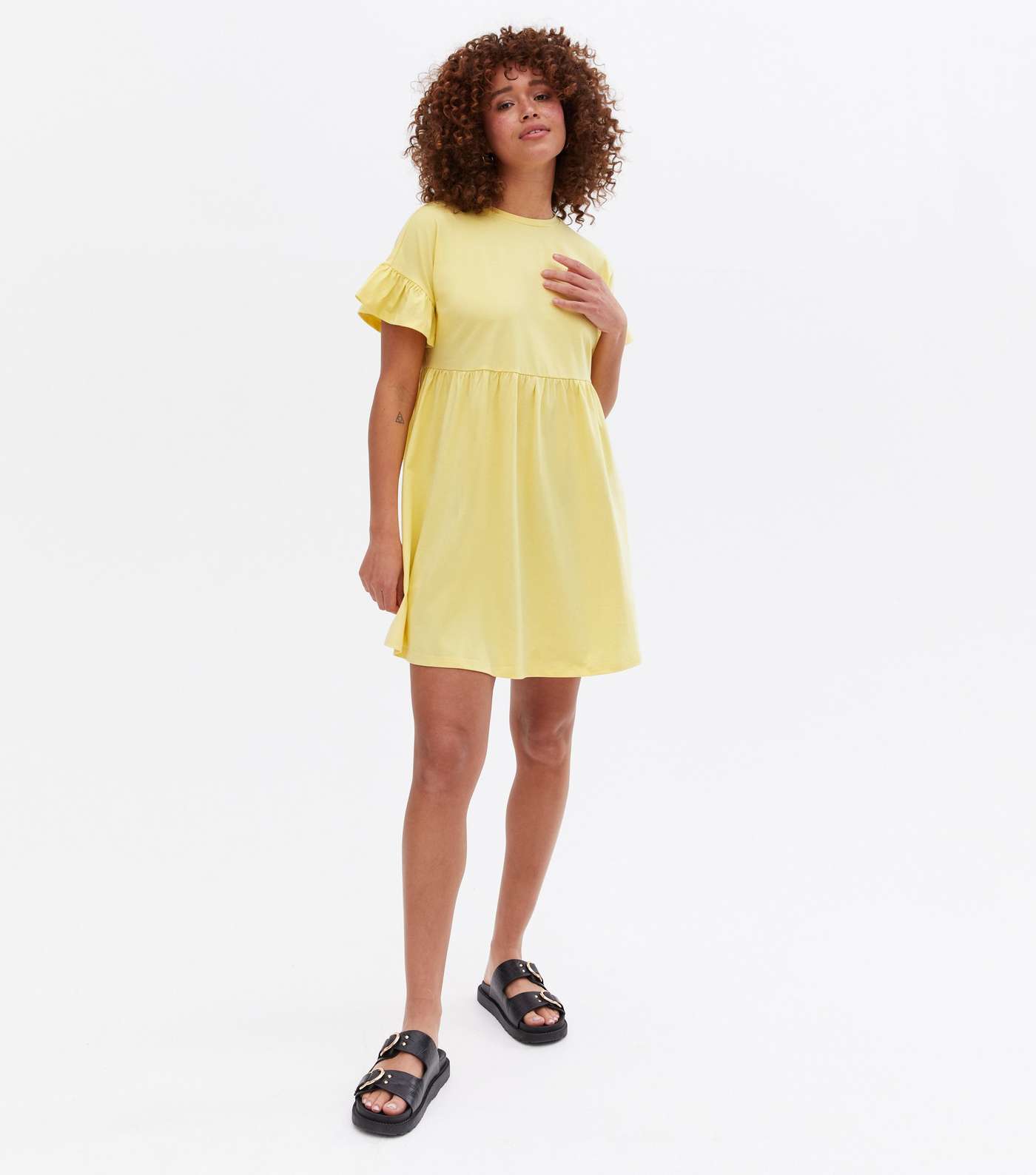 Pale Yellow Jersey Frill Mini Smock Dress Image 2