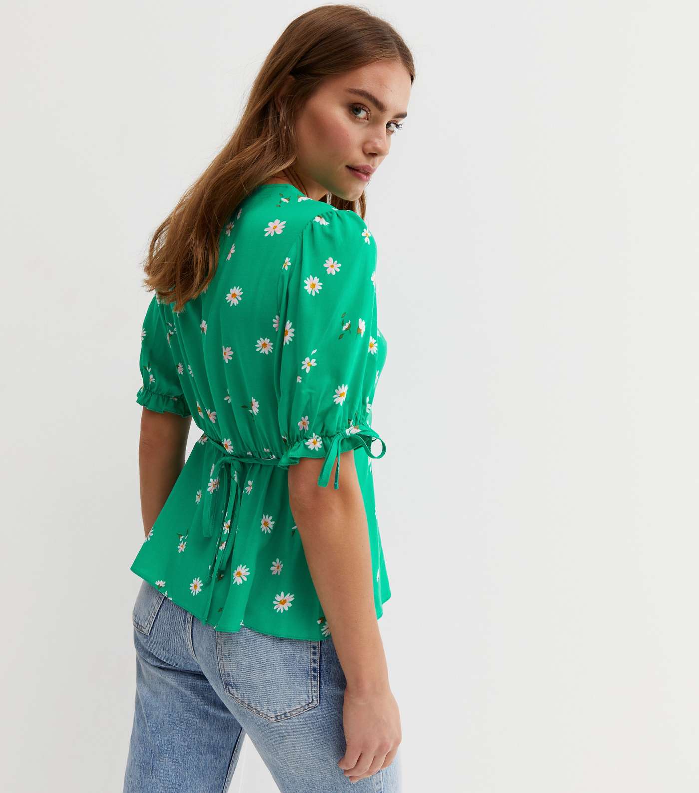 Green Daisy V Neck Tie Front Blouse Image 4