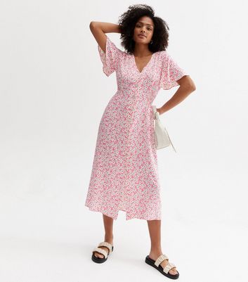 Click to view product details and reviews for Pink Floral Shirred Button Front Midi Dress New Look.