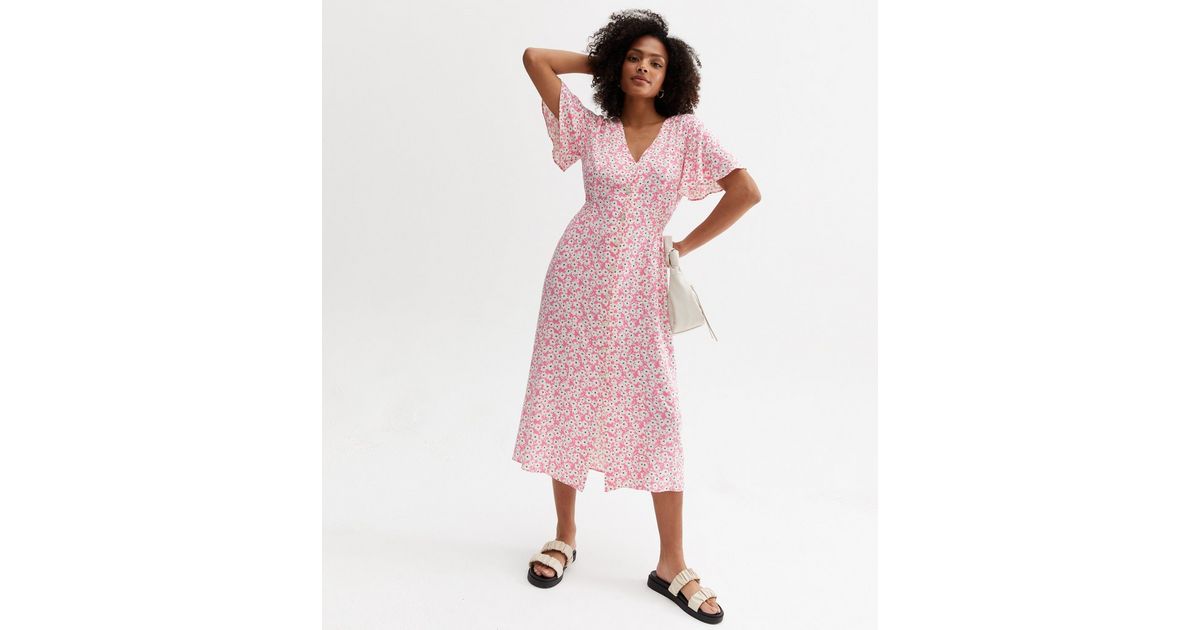 Pink Floral Shirred Button Front Midi Dress | New Look