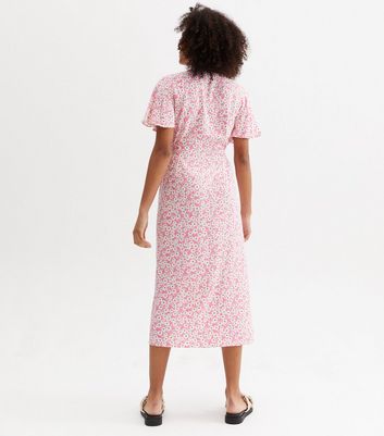 Pink Floral Shirred Button Front Midi Dress | New Look