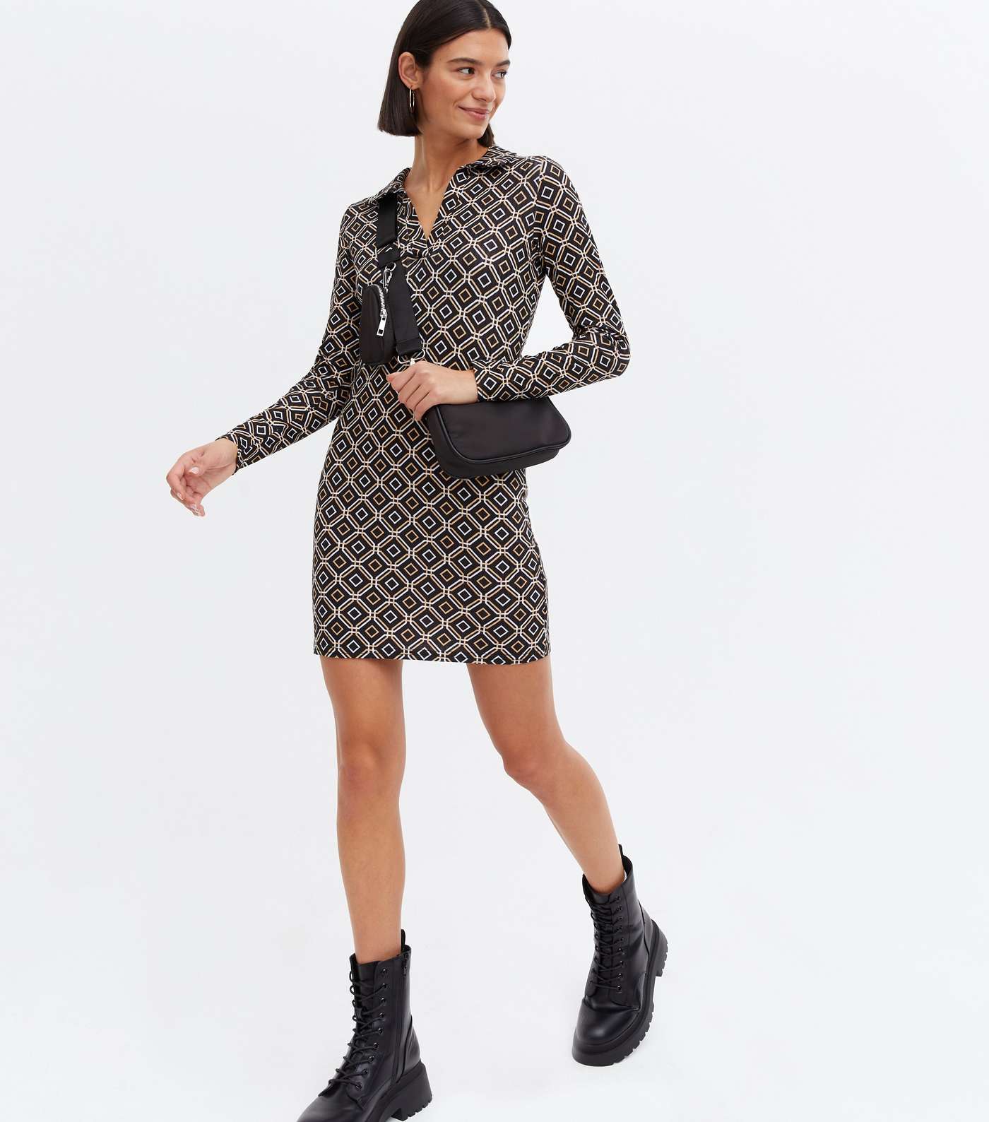 Brown Geometric Long Sleeve Mini Polo Dress Image 2