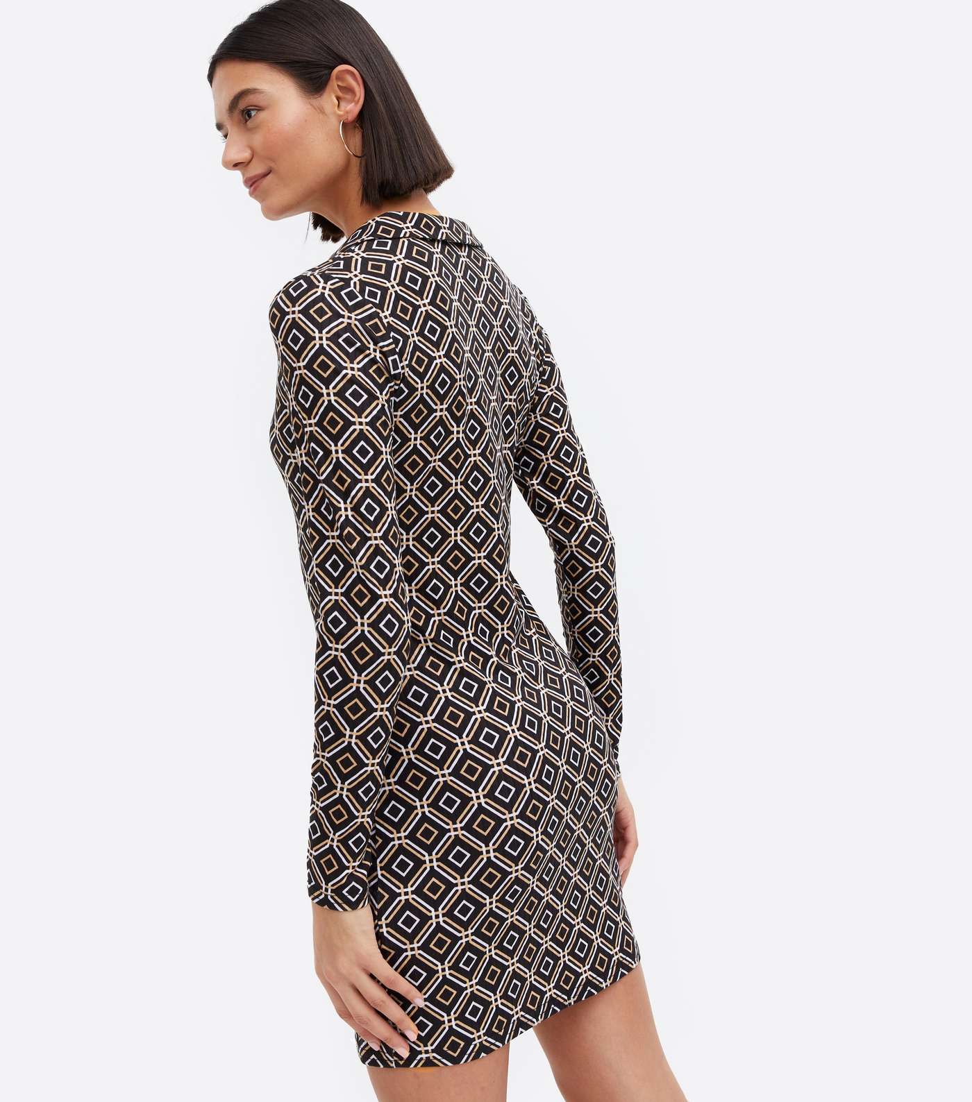 Brown Geometric Long Sleeve Mini Polo Dress Image 4