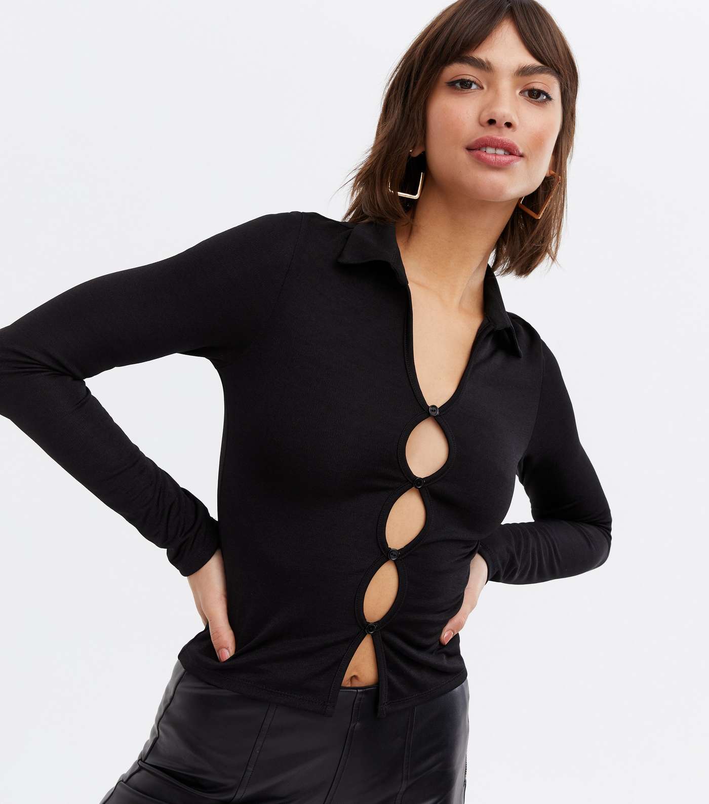Black Collared Cut Out Button Front Top