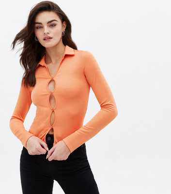 Orange Collared Cut Out Button Front Top