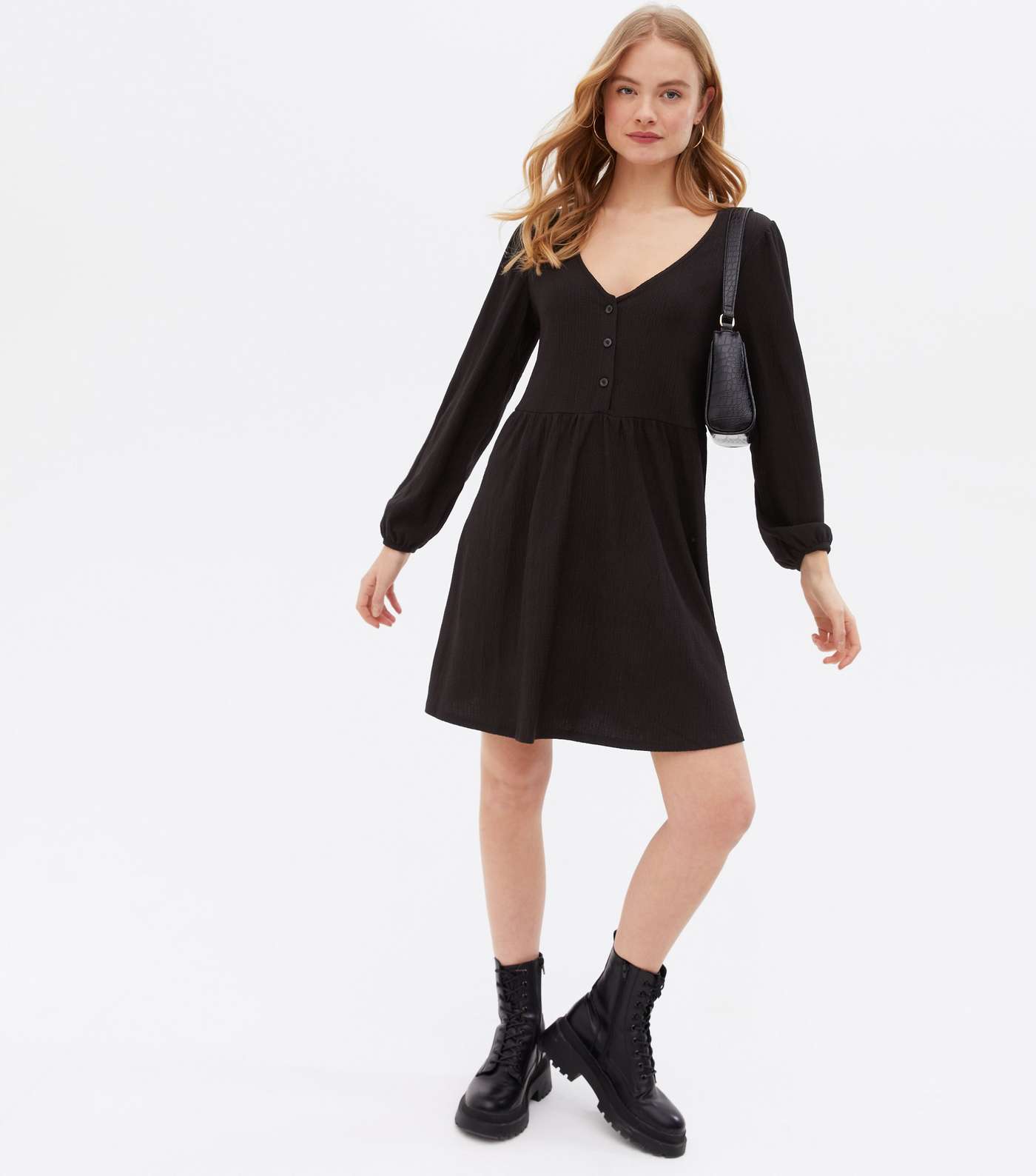Black Crinkle Jersey Button Front Mini Dress Image 2