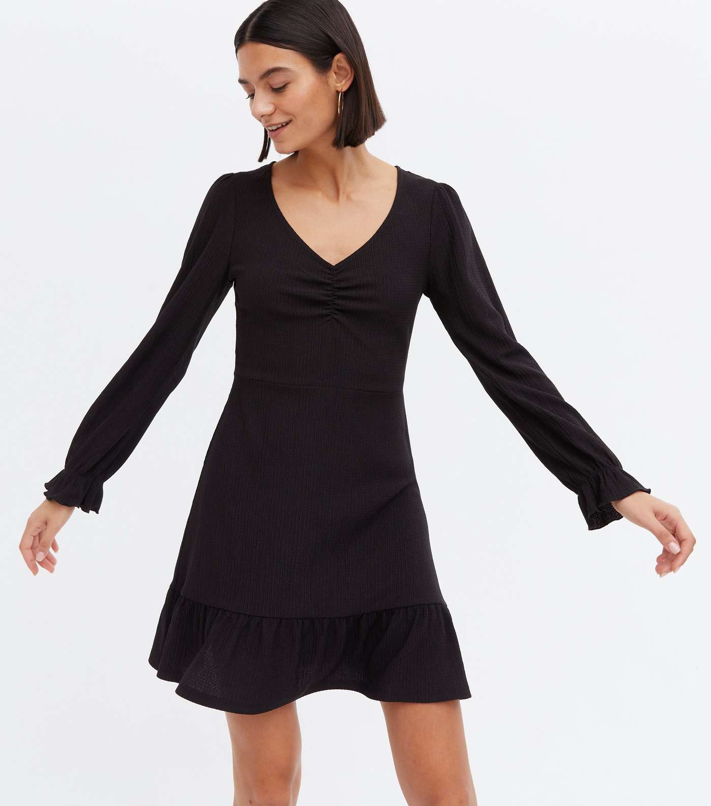 Black Crinkle Jersey V Neck Ruched Frill Mini Dress