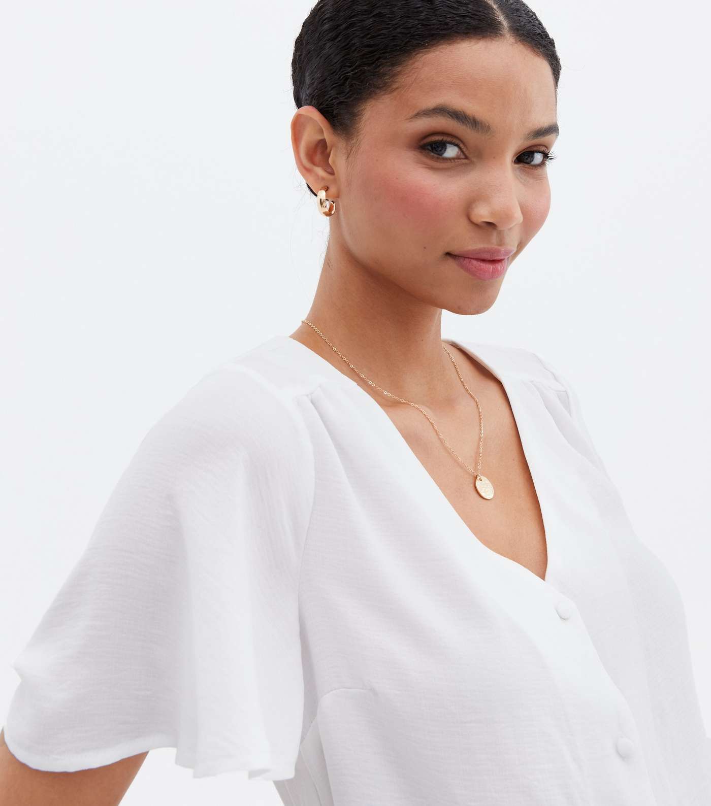 White Flutter Sleeve Button Front Blouse