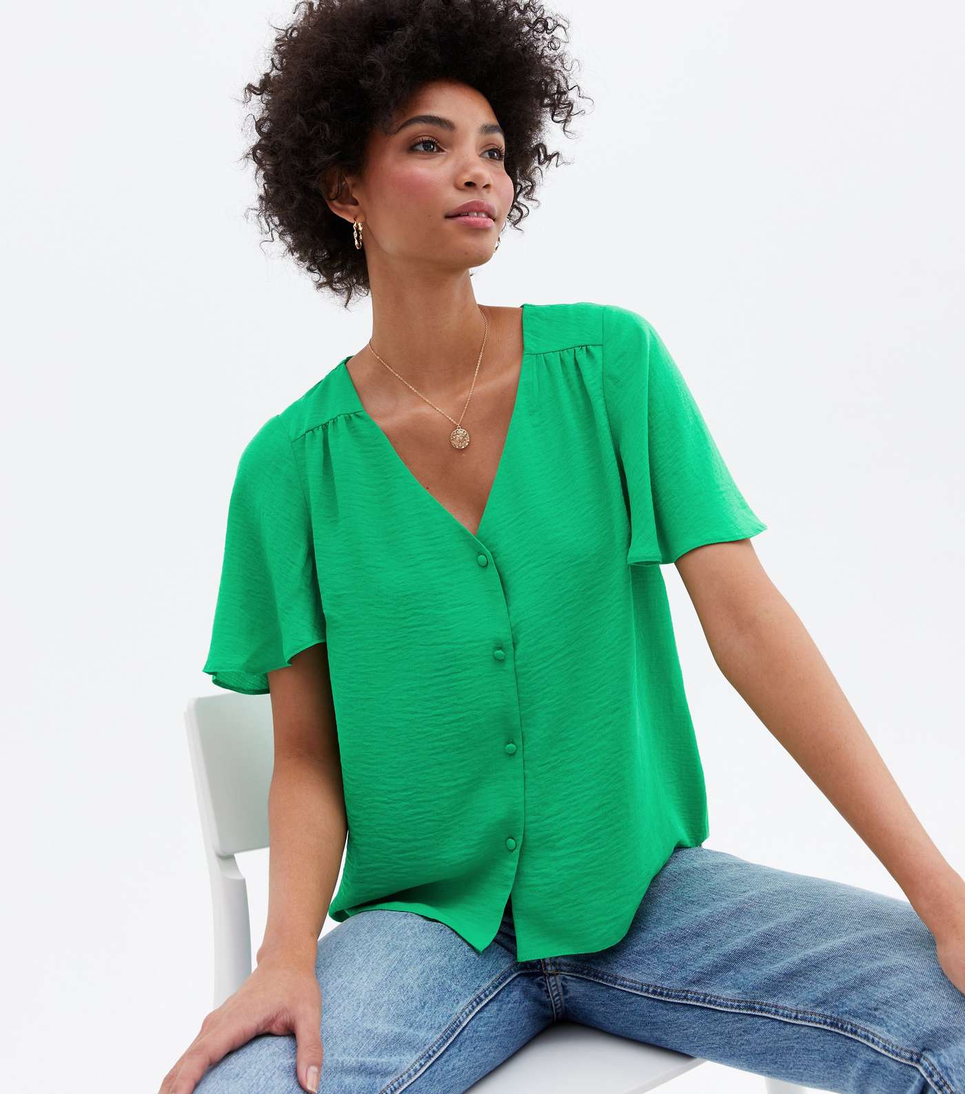 Green Flutter Sleeve Button Front Blouse Image 2