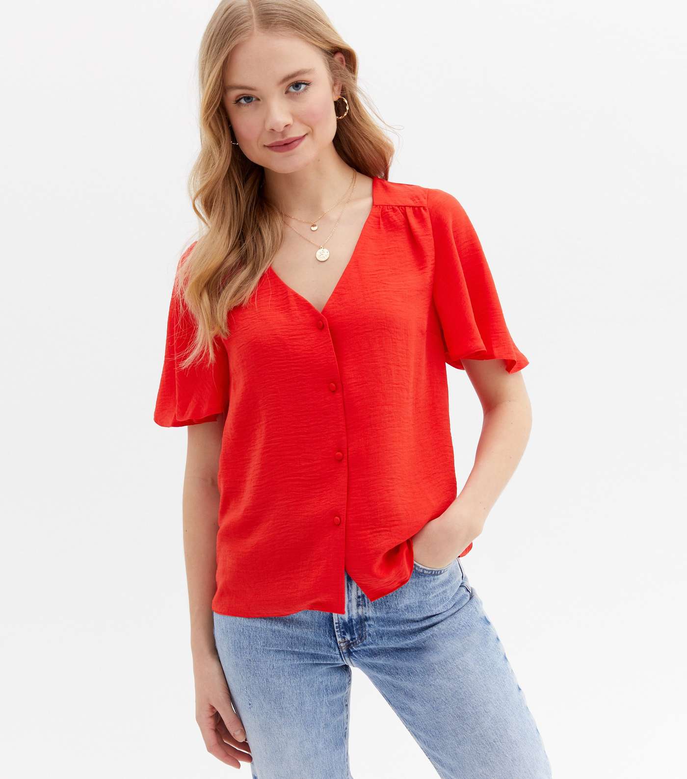 Red Flutter Sleeve Button Front Blouse